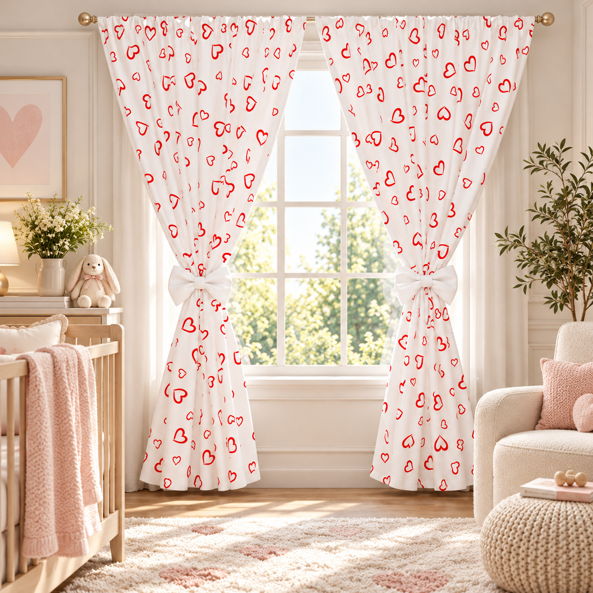 Nursery Curtains for Babies & Toddler's Bedroom Red hearts on white