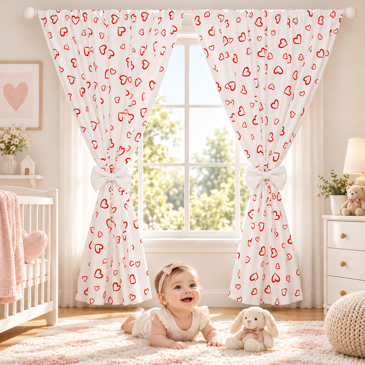 Nursery Curtains for Babies & Toddler's Bedroom Red hearts on white