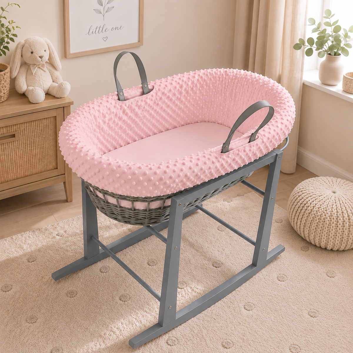 Grey Wicker Moses Basket with Rocking Stand Complete 5-Piece Set (Pink)
