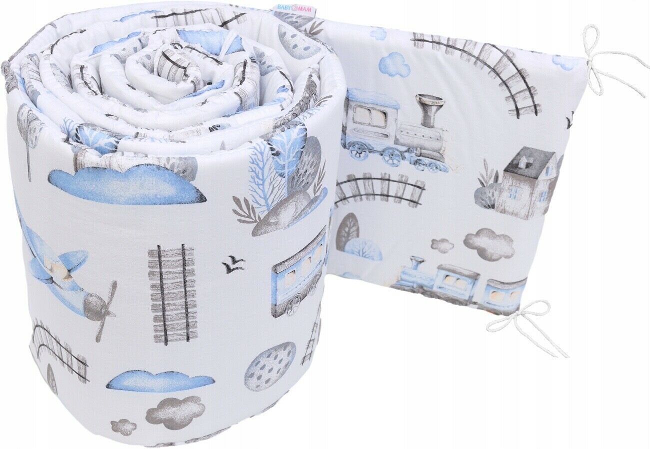 Padded Bumper To Fit Baby Cot Bed All-Round Cotton 420cm Retro Locomotive