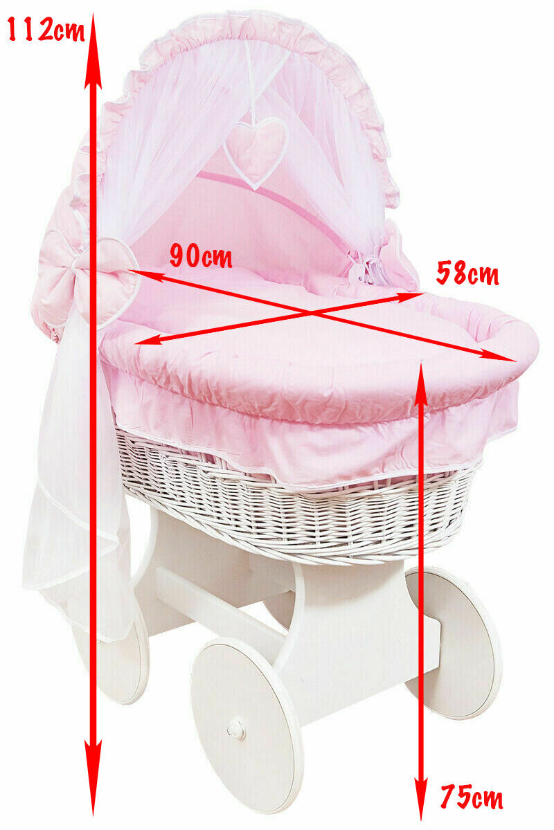 Moses Basket with Hood – Grey Wicker, White Wheels Canopy