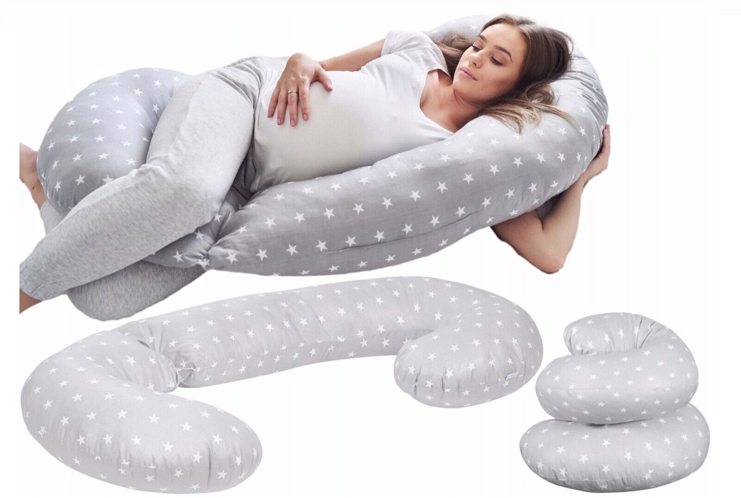 Pregnancy Pillow+Cover Rest Full Body Nursing Large C Shape Small Stars On Grey - MyHappy Baby