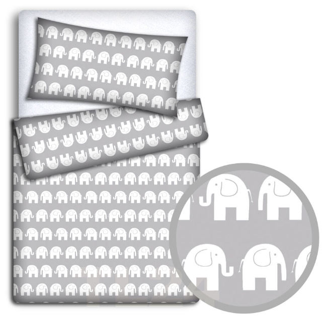 2Pc Toddler Bedding Duvet Cover Set 100% Cotton 150x120cm Elephants Grey
