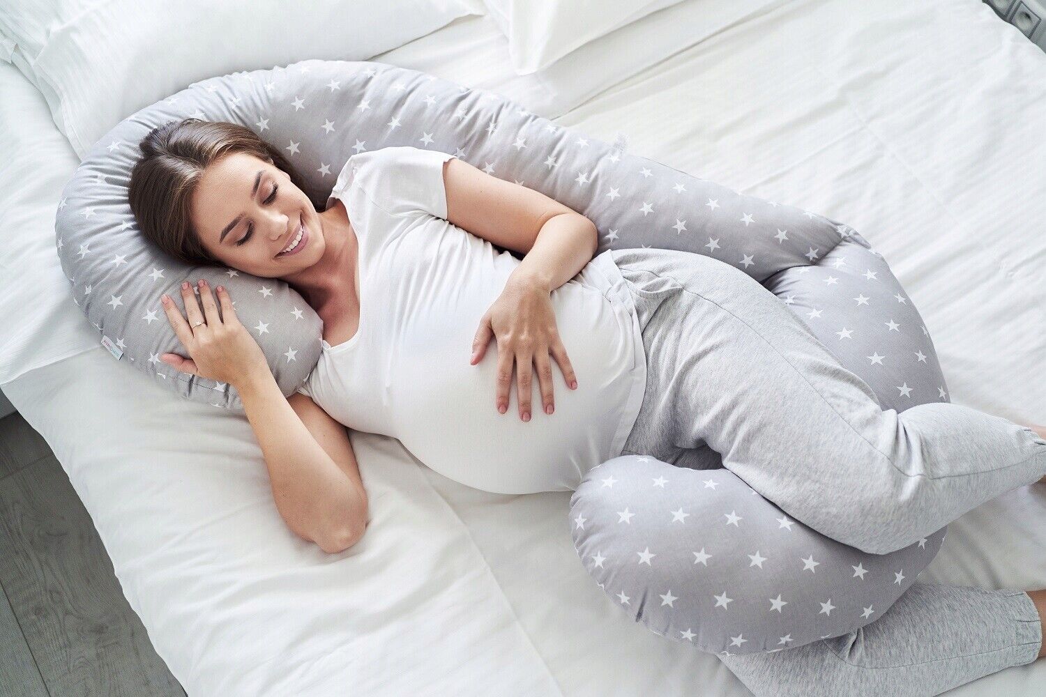 Pregnancy Pillow+Cover Rest Full Body Nursing Large C Shape Small Stars On Grey - MyHappy Baby