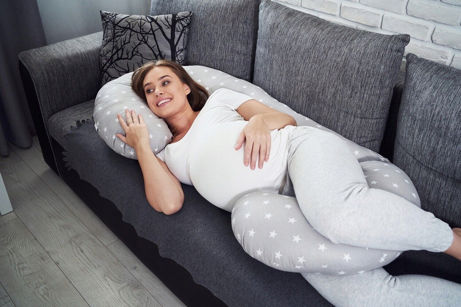 Pregnancy Pillow+Cover Rest Full Body Nursing Large C Shape Small Stars On Grey