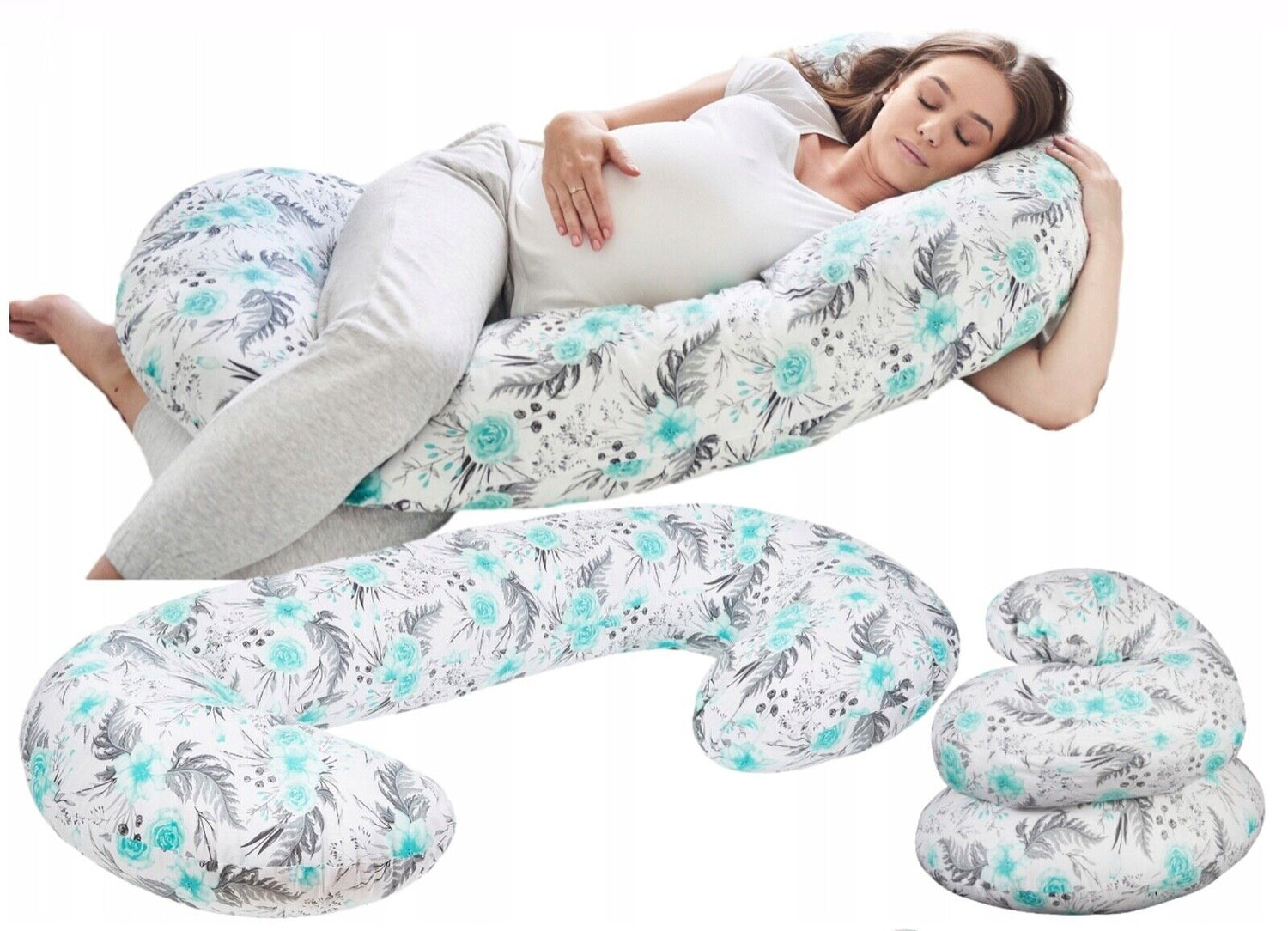 Pregnancy Pillow+Cover Full Body Nursing Large C Shape Mint Flowers