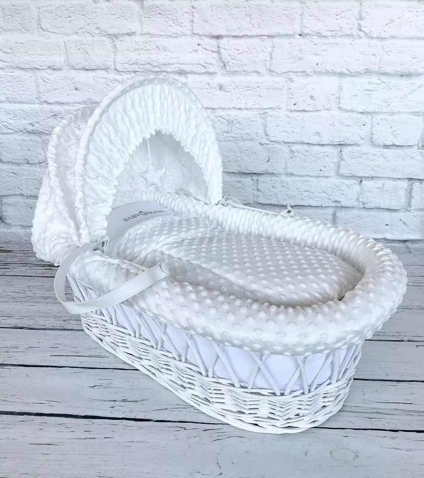 White Wicker Moses Basket With Leather Look Handle