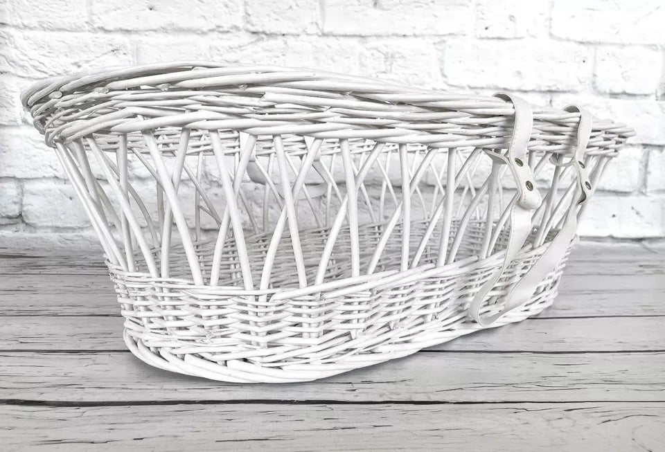 White Wicker Moses Basket With Leather Look Handle