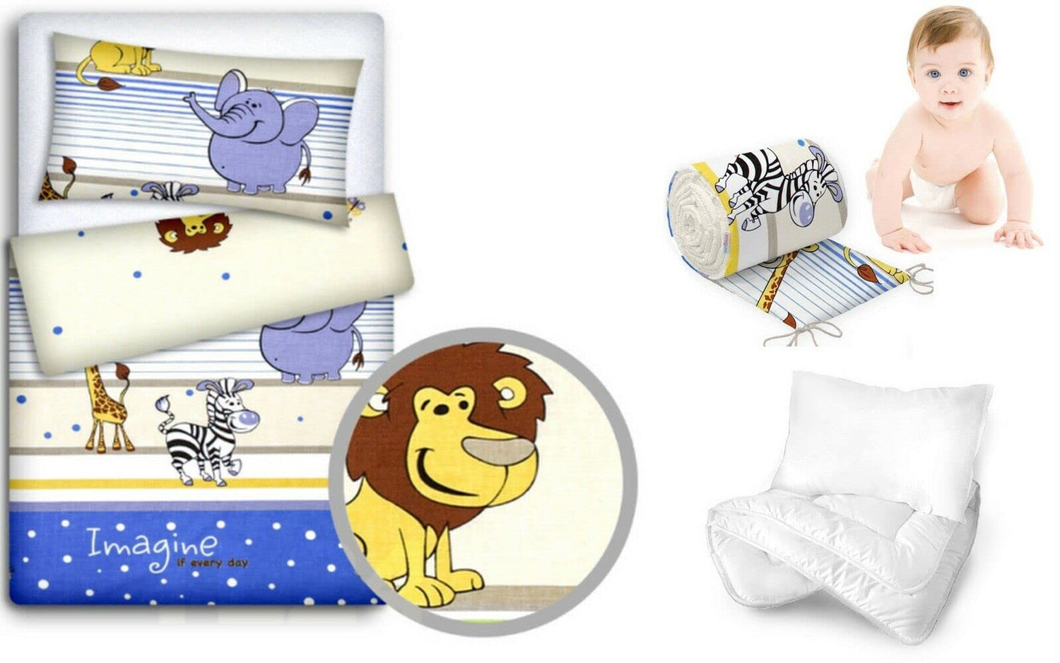 Baby 5Pc Bedding Set + Pillow Duvet Bumper Cover Nursery 70X80cm Safari Blue