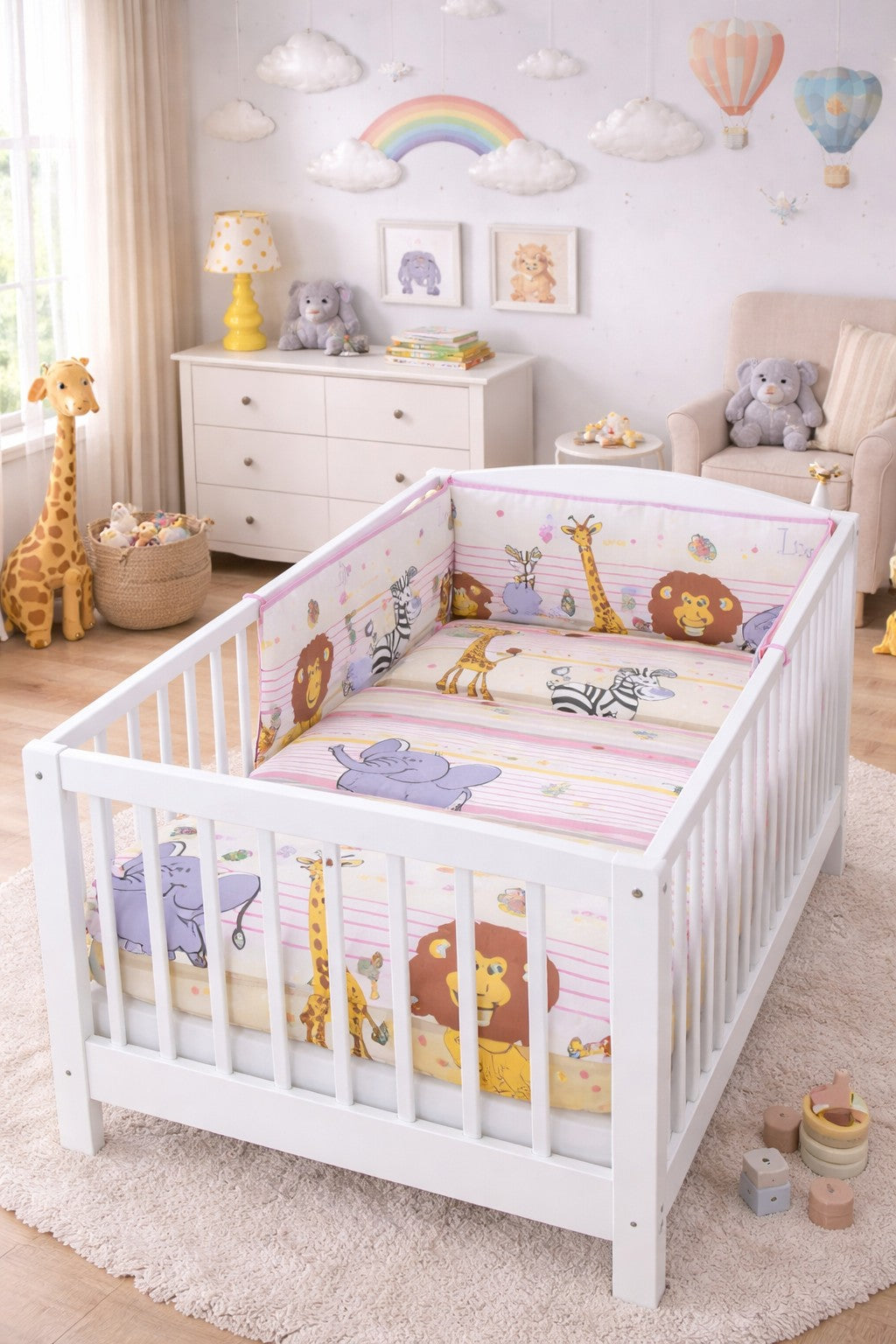 Baby 3Pc Bedding Set Pillow Duvet Bumper Fit Cotbed 140x70cm Safari Pink - MyHappy Baby