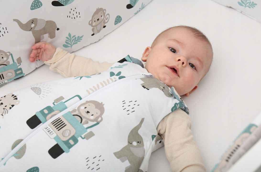 Baby Cotton Sleeping Bag Double Sided Sleepsack Quilted 1.0 Tog On safari/Sage