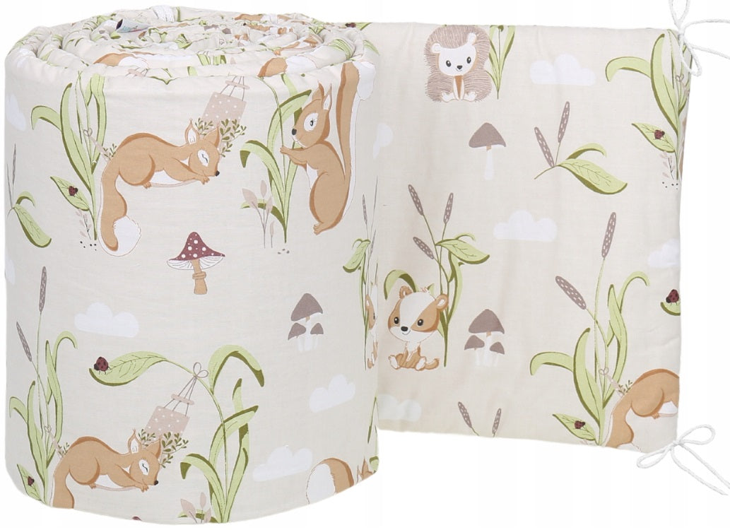 Padded Baby Bumper To Fit Cot 120x60 All Around 100% Cotton 360cm Squirrels Dream