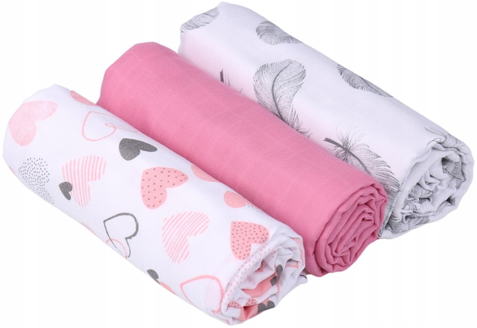 Baby Muslin Nappies Cloth Diaper 100% Cotton 3-Pack Colourful 70x80cm Powdered Hearts