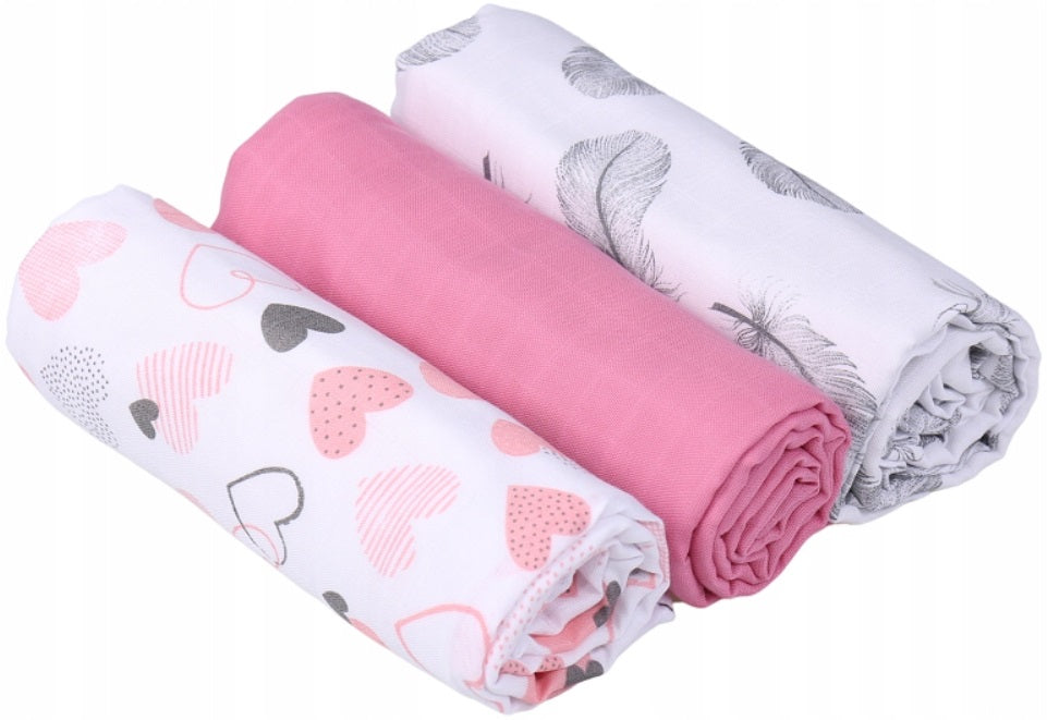 Baby  Muslin Nappies Cloth Diaper 100% Cotton 3-Pack Colourful 70x80cm Powdered Hearts