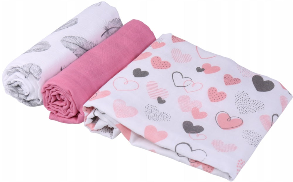 Baby Muslin Nappies Cloth Diaper 100% Cotton 3-Pack Colourful 70x80cm Powdered Hearts