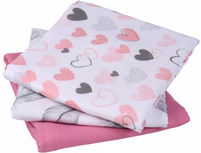 Baby Muslin Nappies Cloth Diaper 100% Cotton 3-Pack Colourful 70x80cm Powdered Hearts