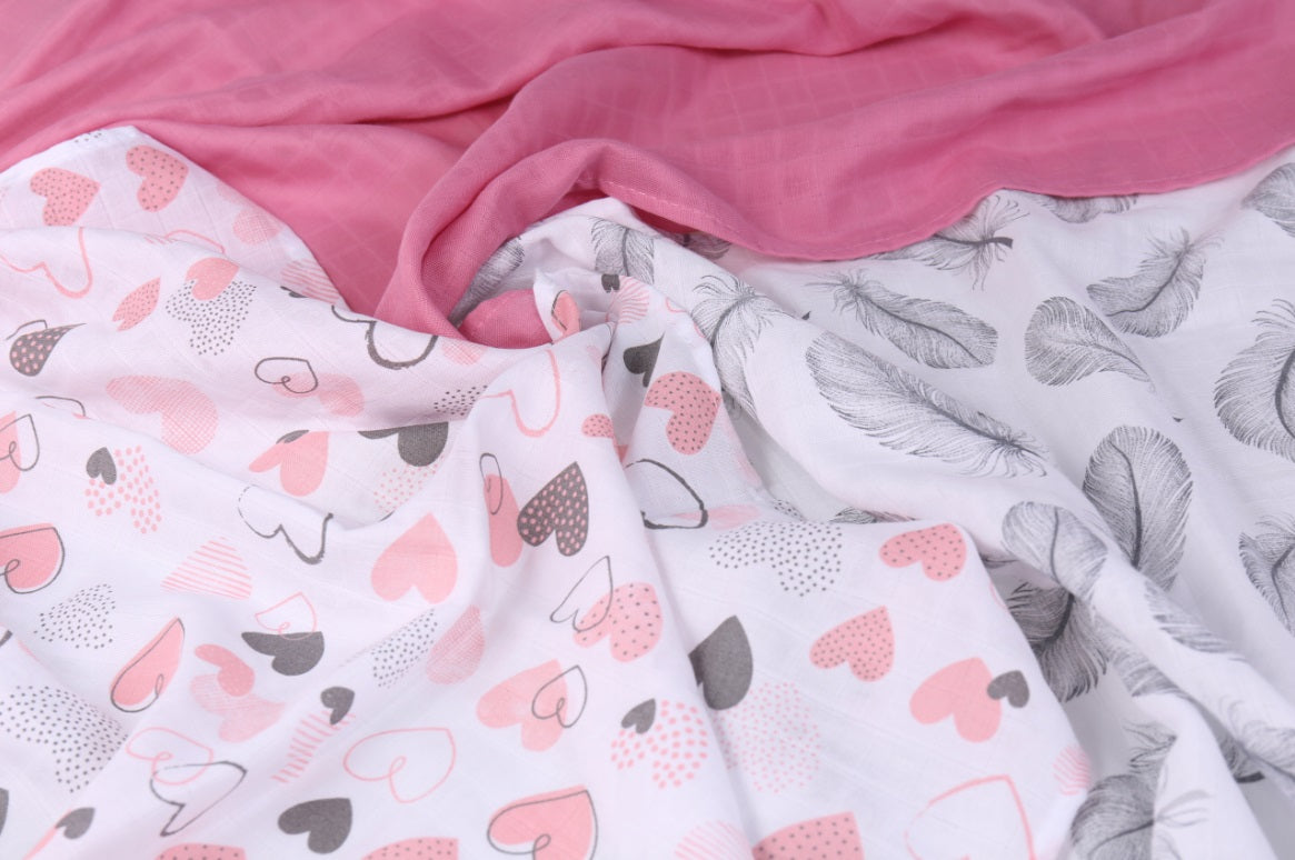 Baby Muslin Nappies Cloth Diaper 100% Cotton 3-Pack Colourful 70x80cm Powdered Hearts