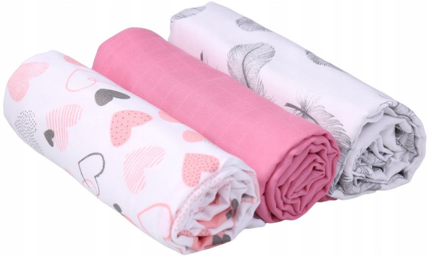 Baby Muslin Nappies Cloth Diaper 100% Cotton 3-Pack Colourful 70x80cm Powdered Hearts