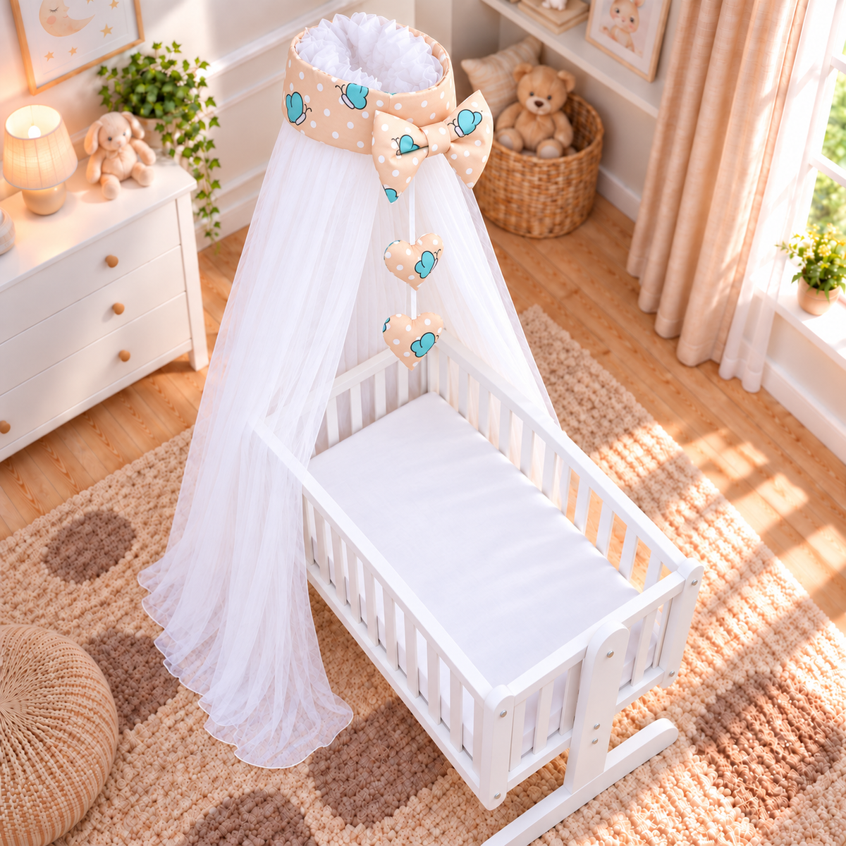 Baby Crib Canopy Mosquito Net with Holder, Decorative Bow & Hanging Hearts – Sheep ecru