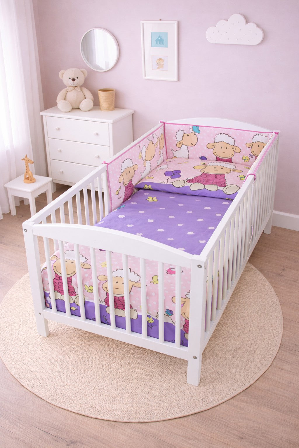 6Pc Baby Bedding Set Bumper Pillow Duvet Fit Cot 120x60cm Sheep Pink