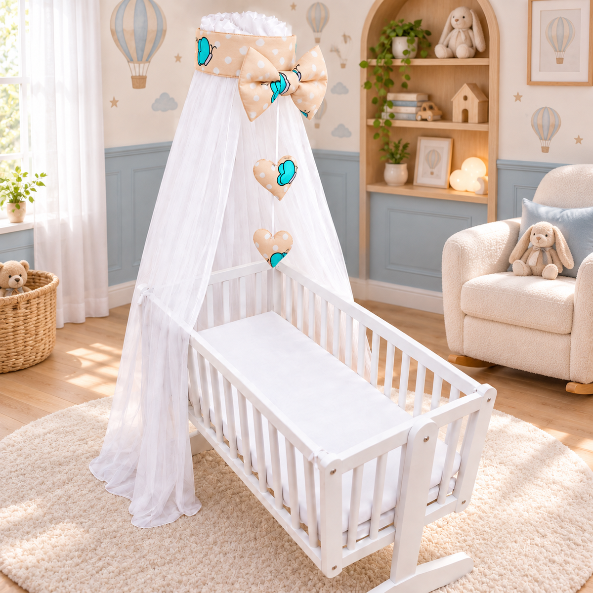 Baby Crib Canopy Mosquito Net with Holder, Decorative Bow & Hanging Hearts – Sheep ecru