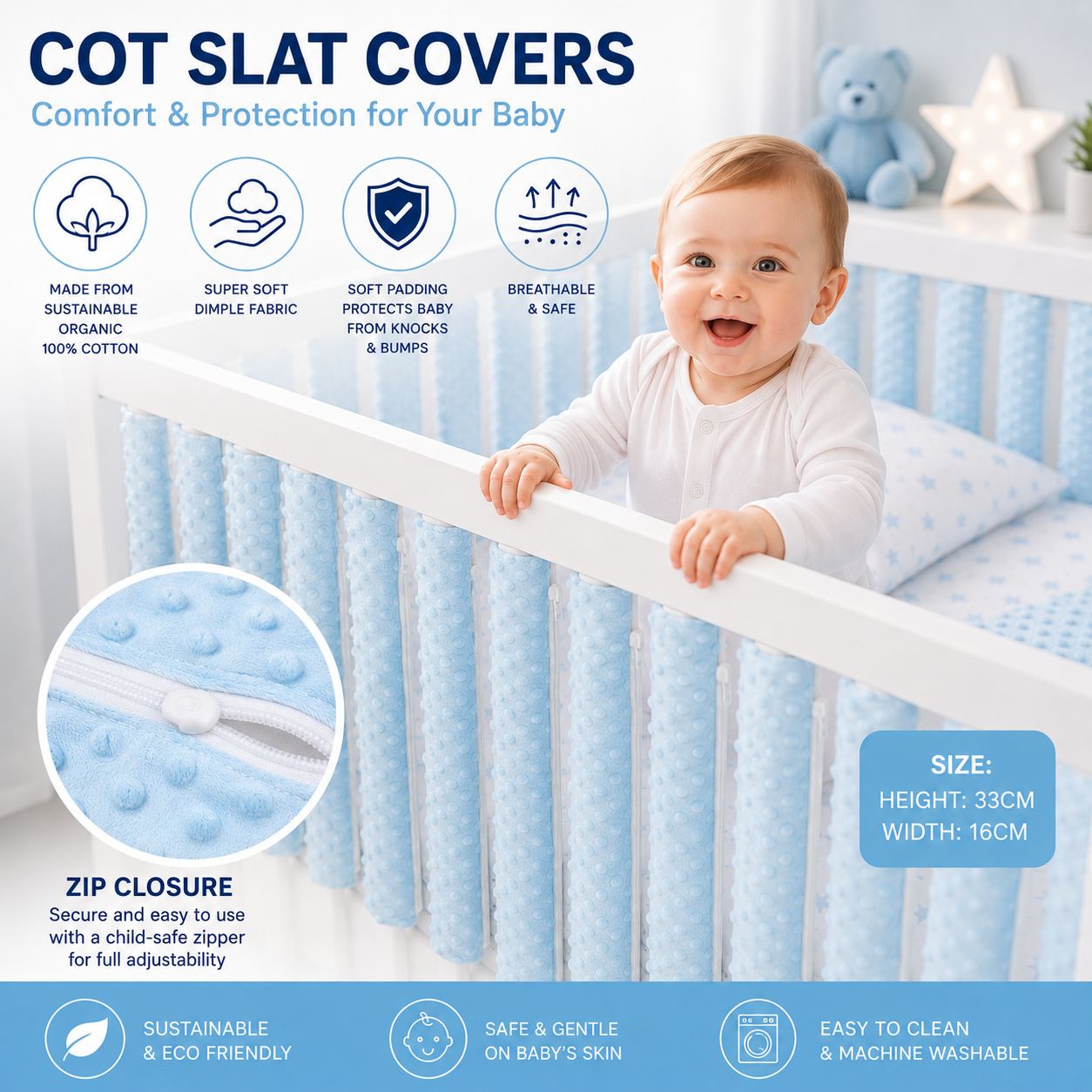 Double-sided Rail Cot Slat Cover Wrap Protector 4Pc Blue