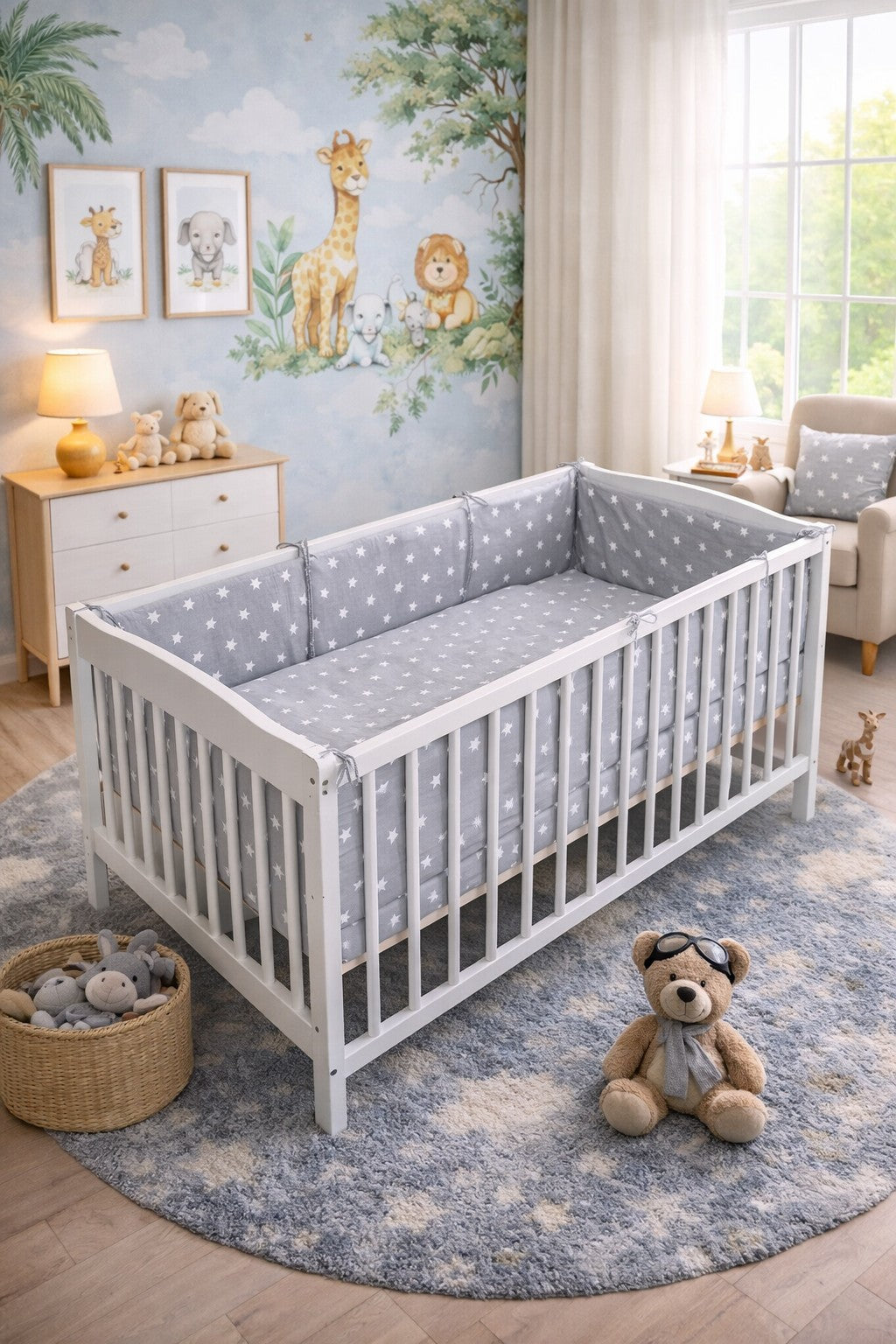 Baby 6PC Bedding Set All Round Straight Bumper Fit Cotbed 140x70cm Small White Stars On Grey