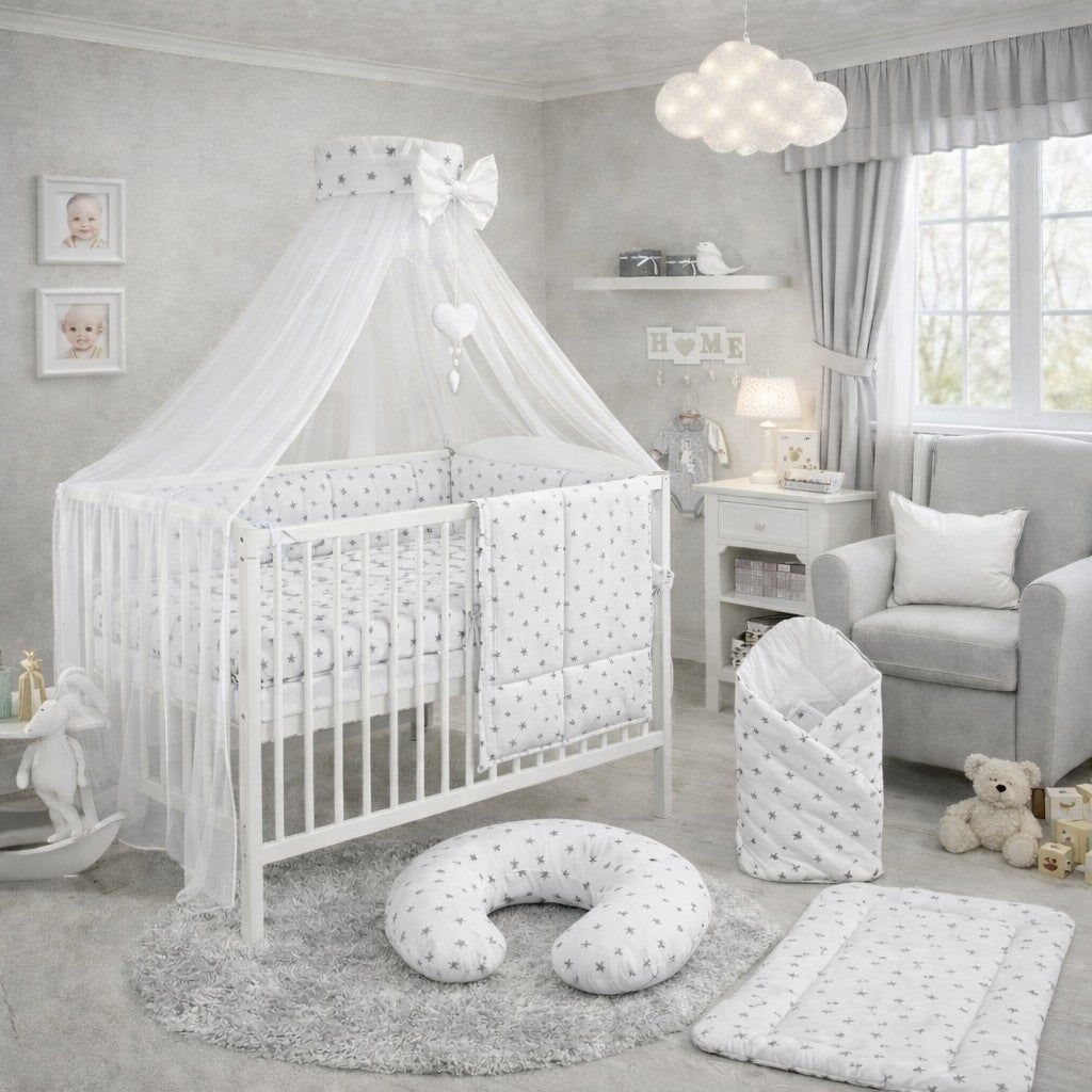 Baby Bedding Set Cotton Nursery 14pc 135x100 Small Grey Stars On White - MyHappy Baby