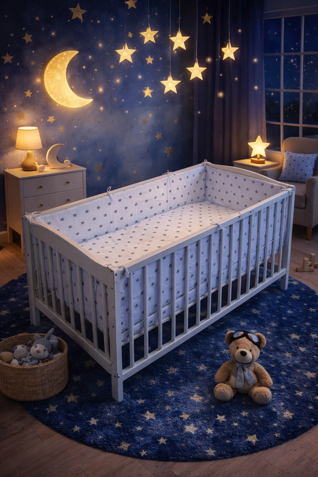 Baby Bedding Set 6pc All-round Fit Cot bed 140x70 Small Grey Stars