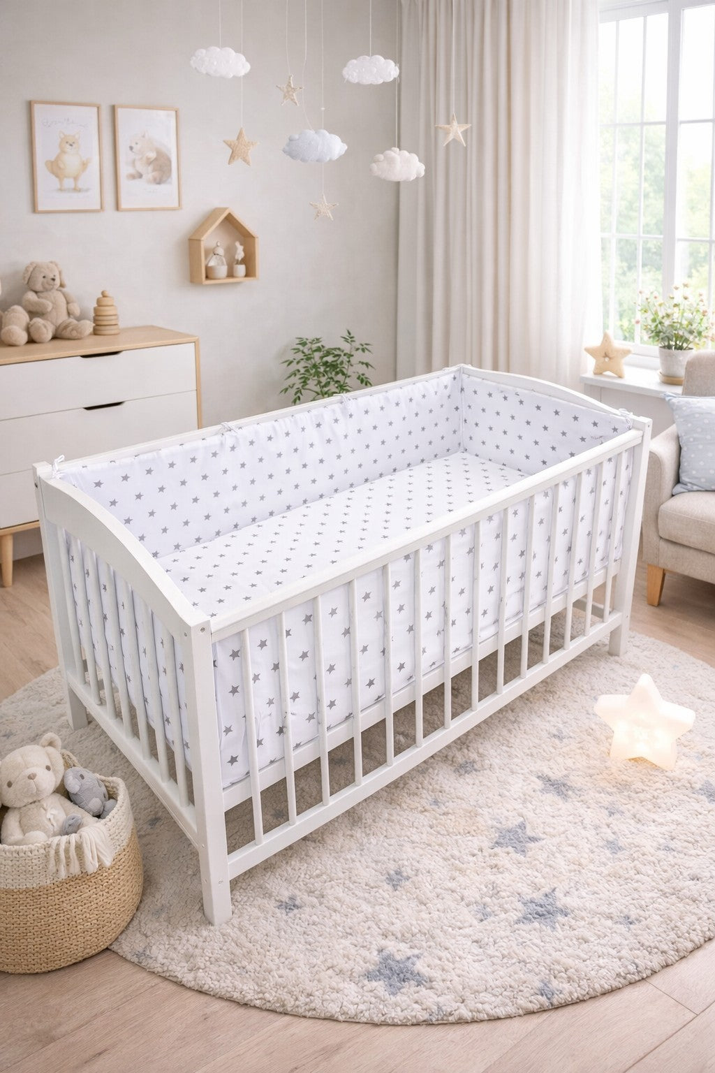 Baby Bedding Set 3pc All-round Bumper Fit Cot bed 140x70cm Small Grey Stars