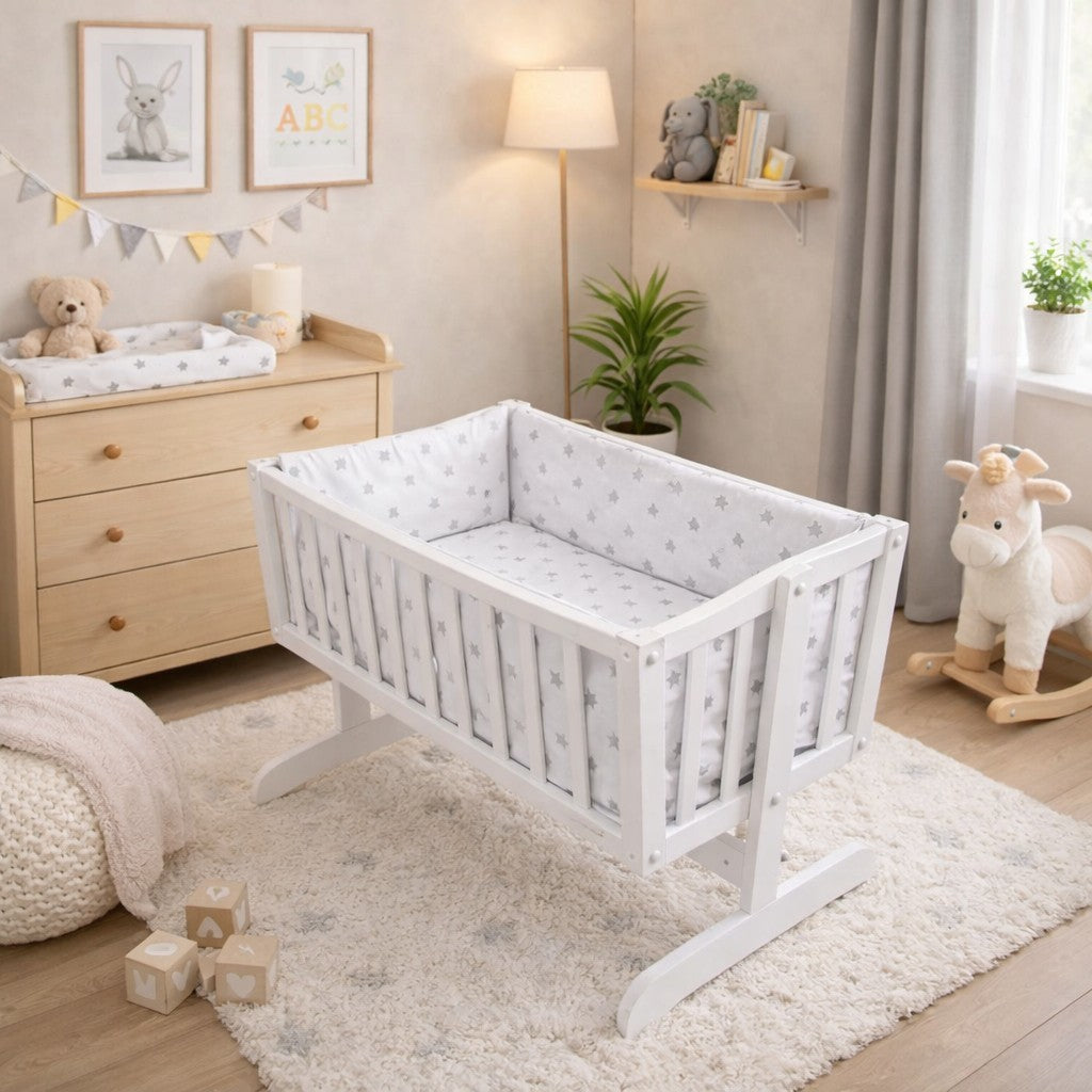 Baby 3Pc Bedding Set Pillow Case/Duvet/Bumper 70x80cm Small Grey Stars On White - MyHappy Baby