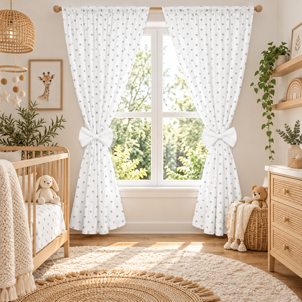 Nursery Curtains for Babies & Toddler's Bedroom Small grey stars on white