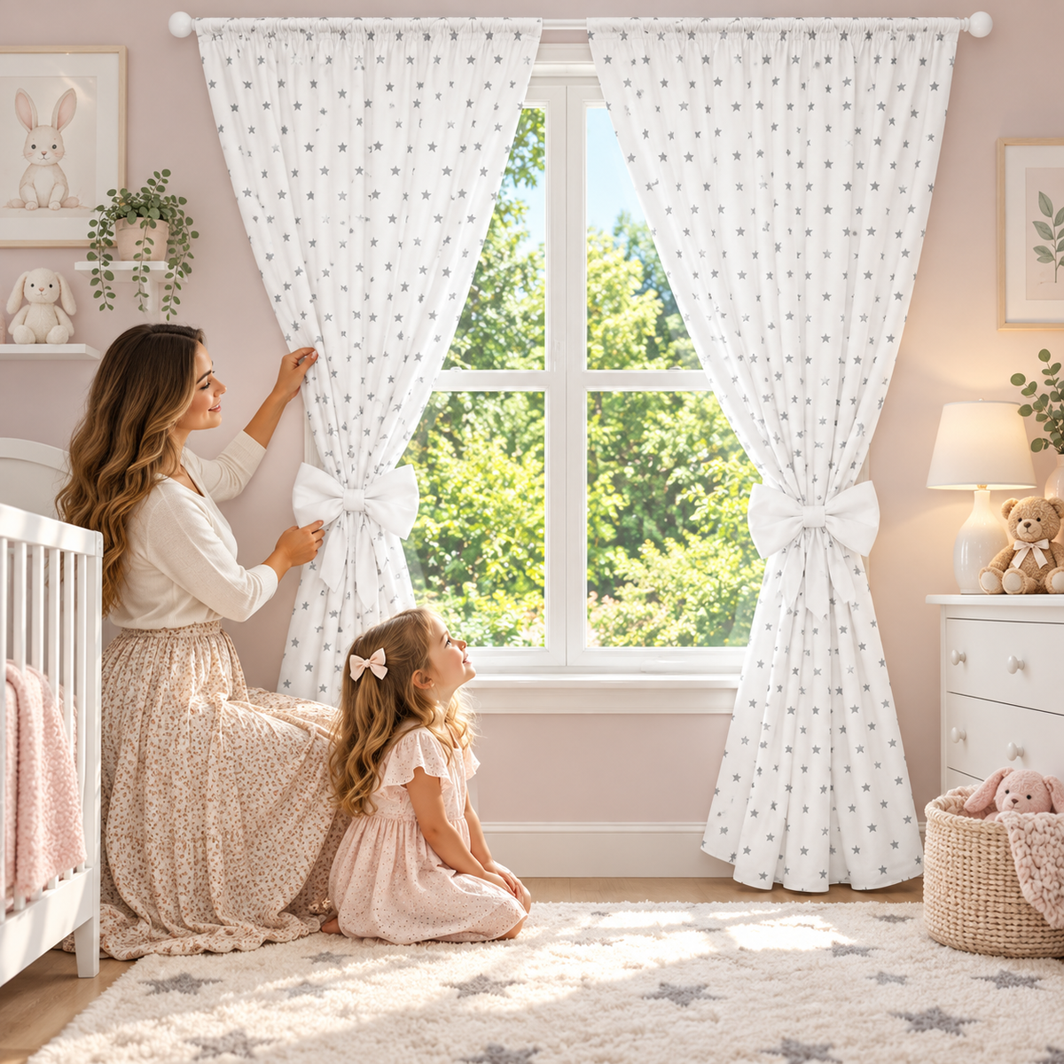Nursery Curtains for Babies & Toddler's Bedroom Small grey stars on white