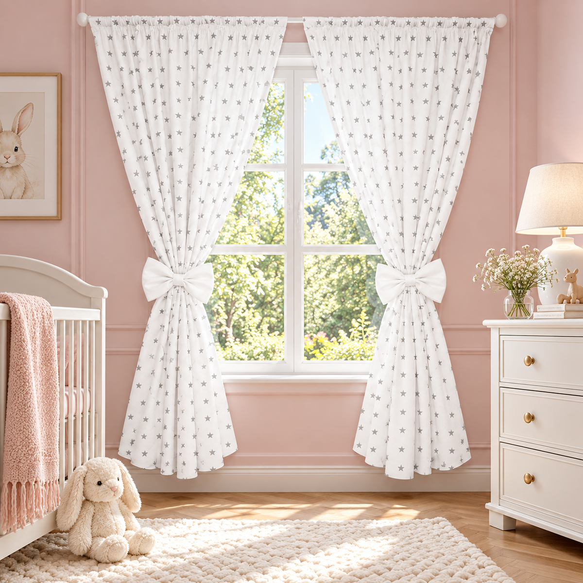 Nursery Curtains for Babies & Toddler's Bedroom Small grey stars on white