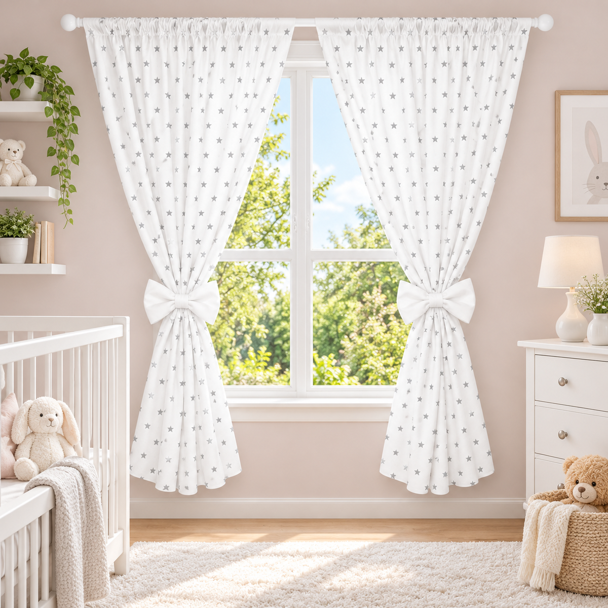 Nursery Curtains for Babies & Toddler's Bedroom Small grey stars on white