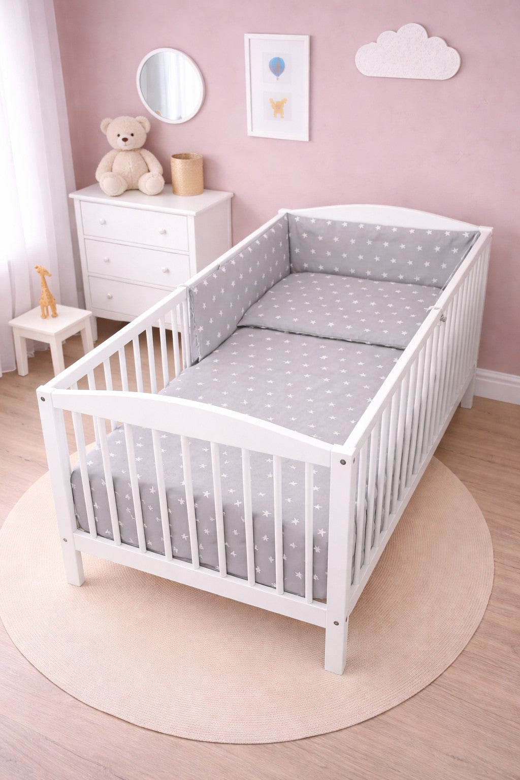 Baby 6Pc Bedding Set Pillow Duvet Quilt Sheet Bumper Fit Cotbed 140x70cm Small White Stars On Grey - MyHappy Baby