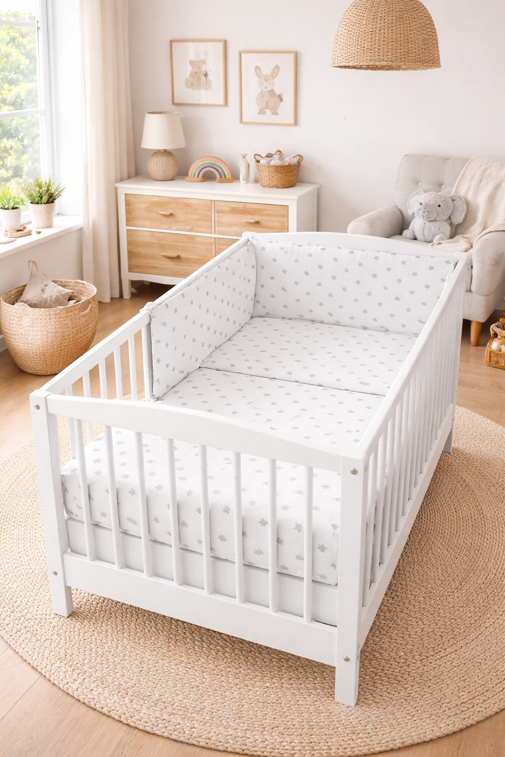 Baby 3Pc Bedding Set Pillow Duvet Bumper Fit Cotbed 140x70cm Small Grey Stars On White - MyHappy Baby