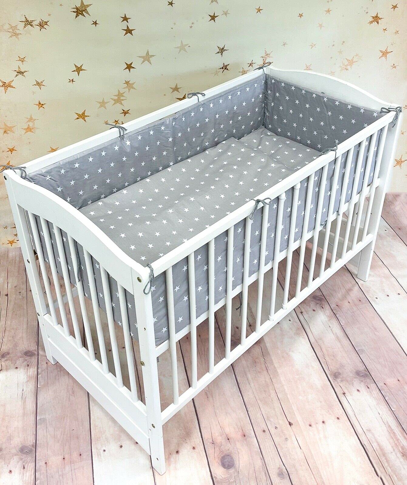 Baby 6PC Bedding Set All Round Straight Bumper Fit Cotbed 140x70cm Small white stars on grey