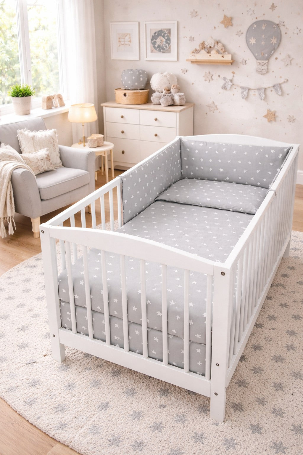 Baby 3Pc Bedding Set Pillow Duvet Bumper Fit Cotbed 140x70cm Small White Stars On Grey - MyHappy Baby