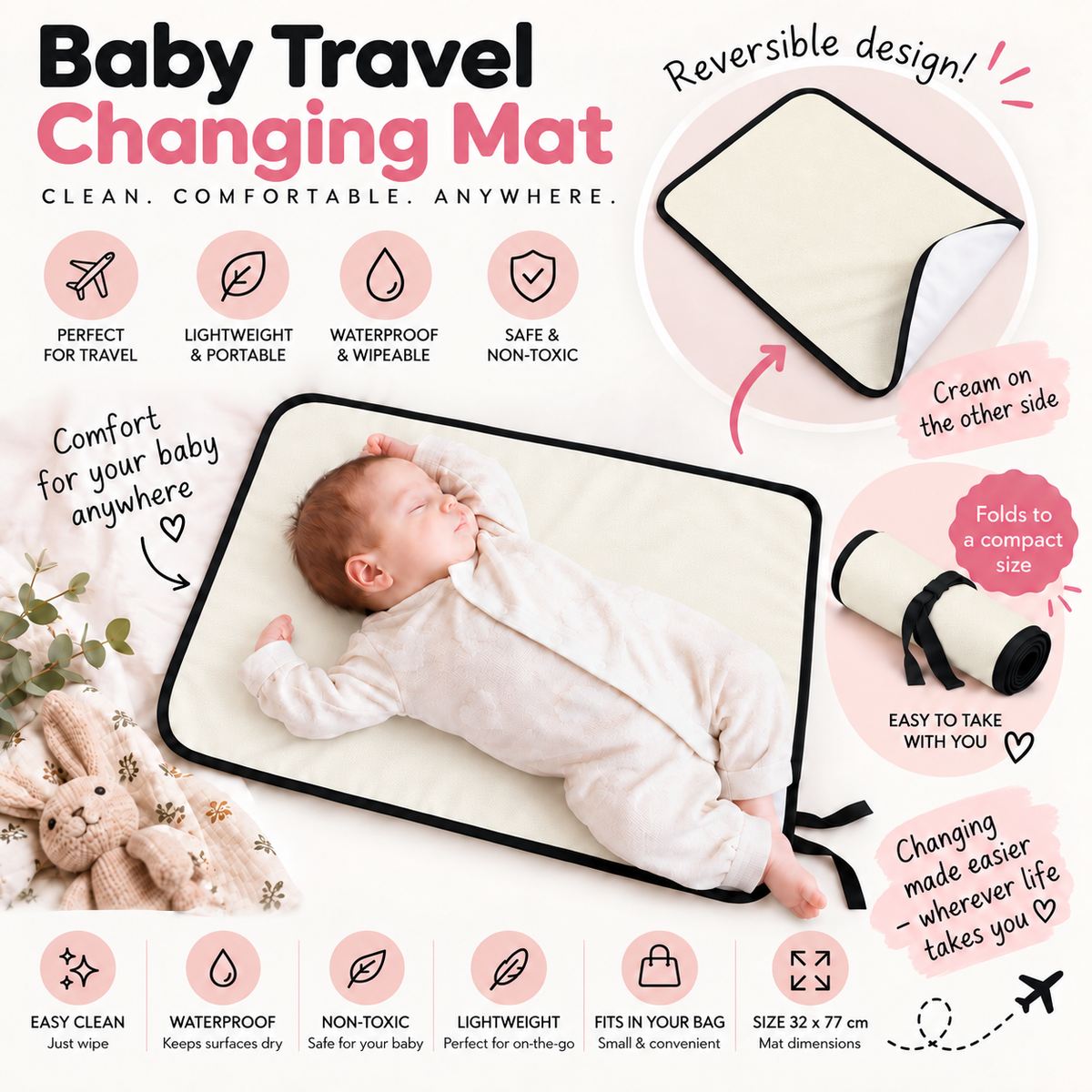 Portable Baby Changing Mat Waterproof, Reversible & Foldable Travel Nappy Changing Pad (Ecru)