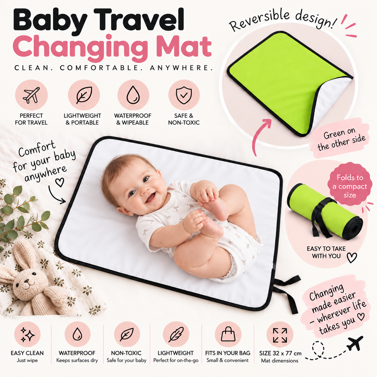 Portable Baby Changing Mat Waterproof, Reversible & Foldable Travel Nappy Changing Pad (Green)
