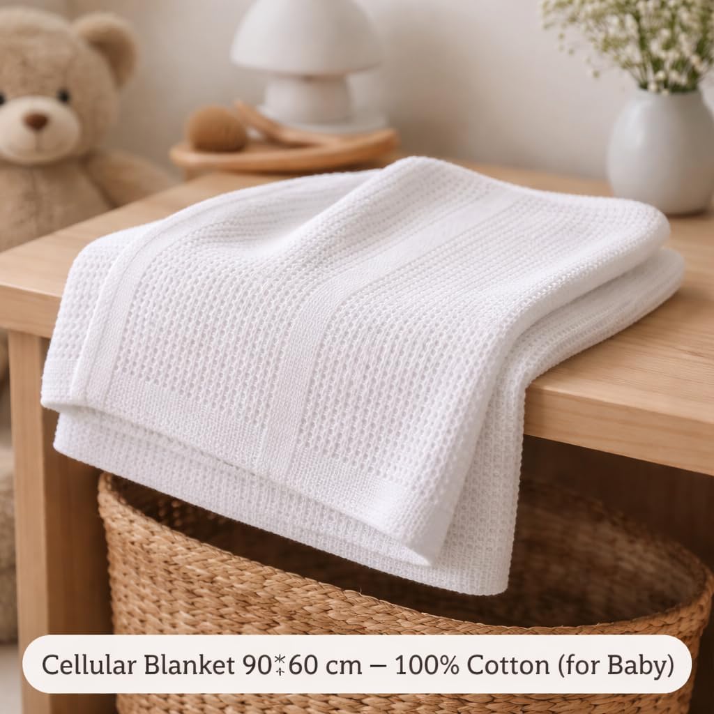 Cellular Baby Blanket 90x70 cm, Safe Nights, Organic 100% Cotton, Pack of 2, Breathable Newborn Blanket, Soft Nursery, Baby Bedding (White)