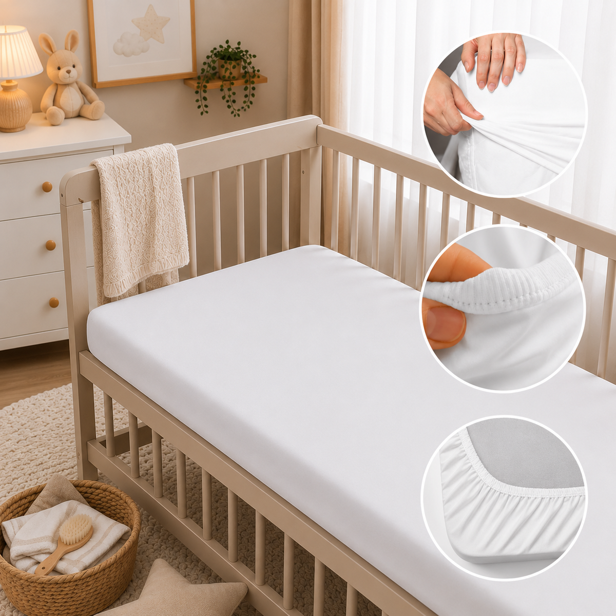 BABYMAM 4 Pack Cot Fitted Sheets 120x60 cm, 100% Organic Jersey Cotton Baby Cot Sheets, Soft Breathable Baby Bedding, Elasticated Mattress Covers (White)