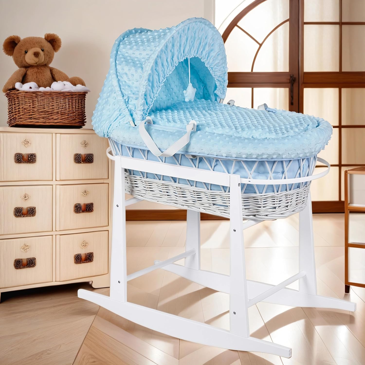 Luxury Moses Basket Padded Wicker Baby Full Set Rocking Stand White Handle/Blue