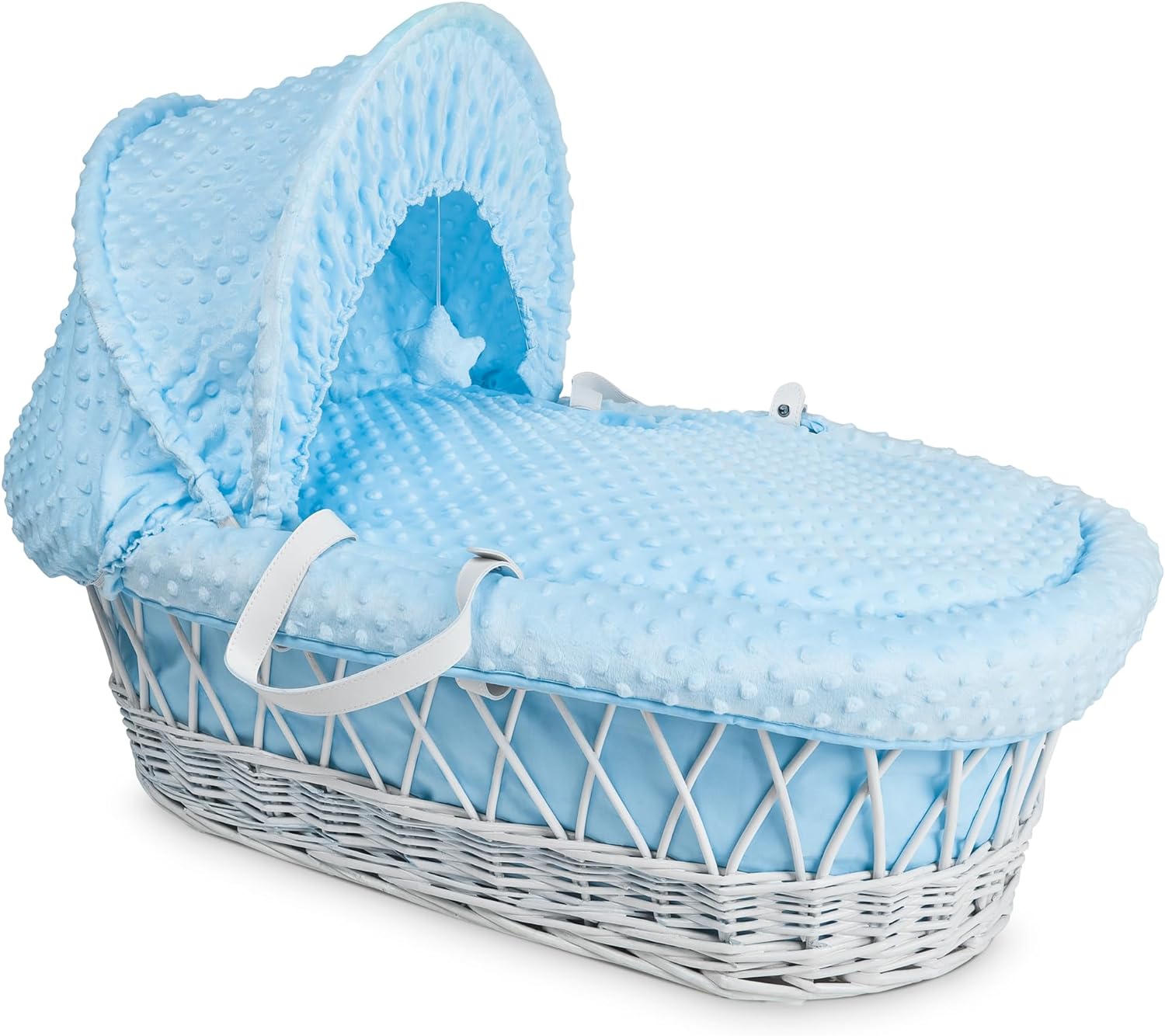 Luxury Moses Basket Padded Wicker Baby Full Set Rocking Stand White Handle/Blue