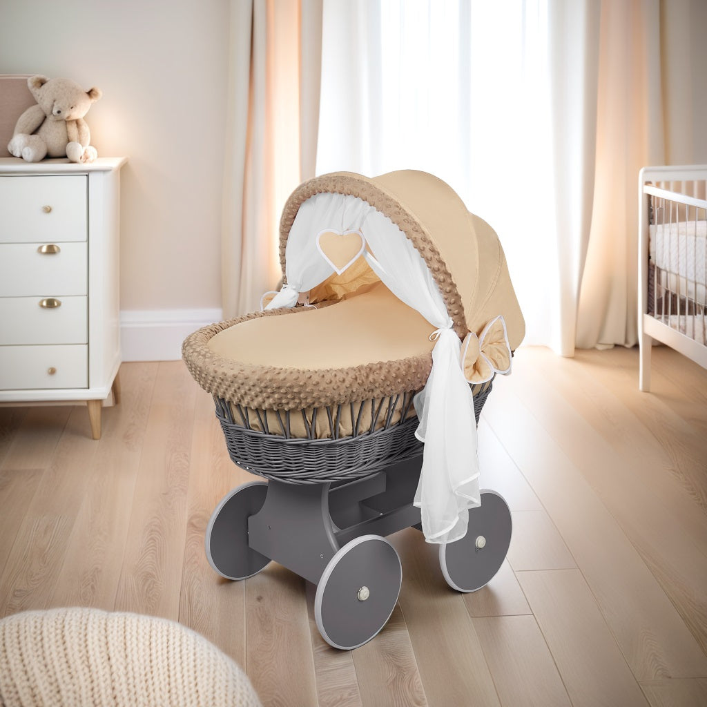 Luxury Grey Moses Basket Wheels Stand Beige Dimple Bedding