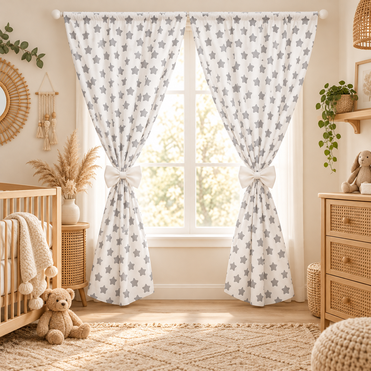 Nursery Curtains for Babies & Toddler's Bedroom Big grey stars on white