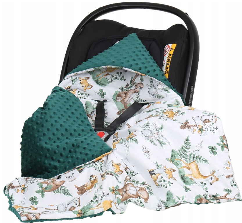 Baby Car Seat Hooded Blanket Double-sided Snuggle Swaddle Wrap Green / Animals in the Forest