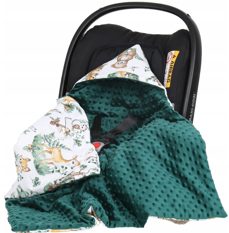 Baby Car Seat Hooded Blanket Double-sided Snuggle Swaddle Wrap Green / Animals in the Forest