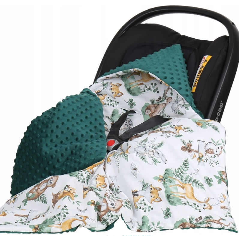 Baby Car Seat Hooded Blanket Double-sided Snuggle Swaddle Wrap Green / Animals in the Forest